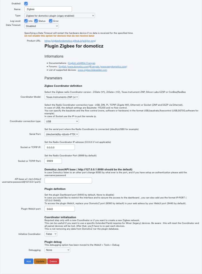 Domoticz hardware page for the plugin